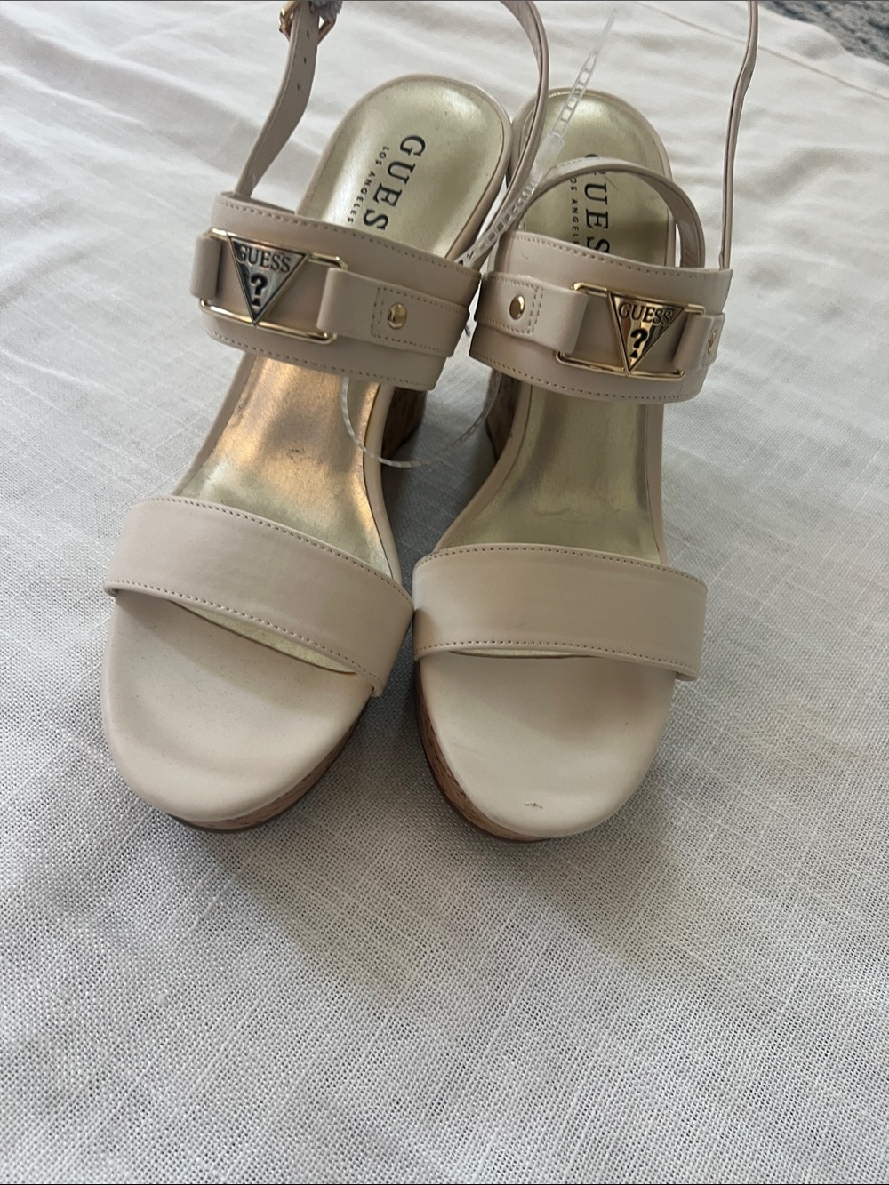 GUESS Beige/Gold Logo Slingback Heeled Sandals